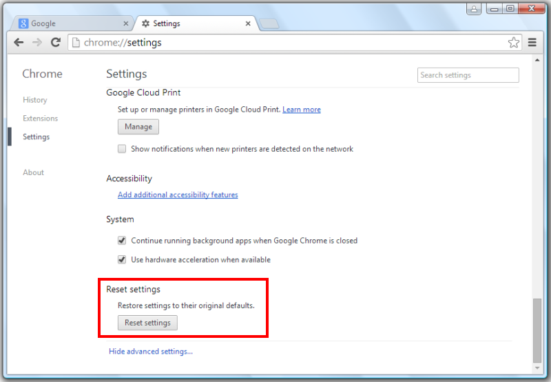 how to reset all google chrome settings